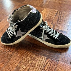 Golden Goose black glitter mid stars with silver star